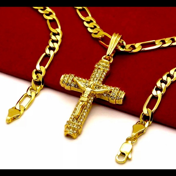 True Religion Other | Cross Pendant Pave 4 Kt Gold Figaro 24 Neckchain | Poshmark